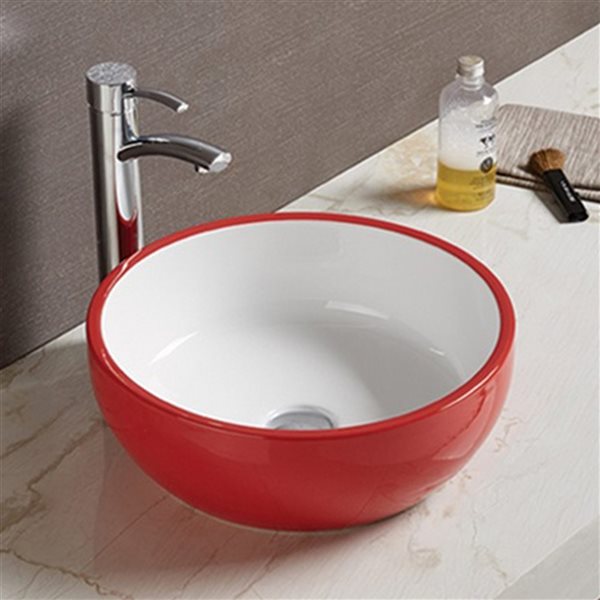 American Imaginations Red and White 16.14-in Vessel Round Bathroom Sink with Chrome Hardware