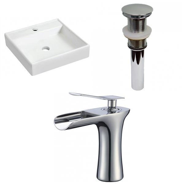American Imaginations Wall Mount White/Enamel Glaze Ceramic Square Bathroom Sink with Drain and Faucet (17.5-in x 17.5-in)