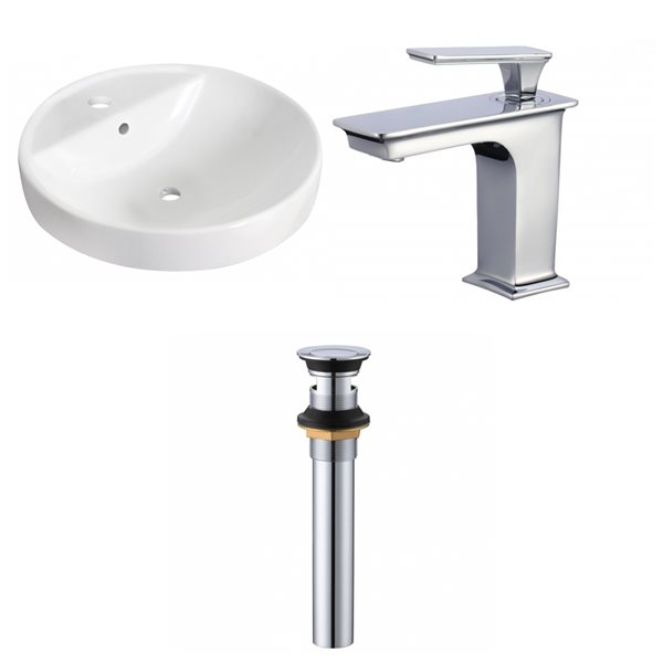 American Imaginations White/Enamel Glaze Ceramic Round Drop-In Bathroom Sink with Faucet and Overflow Drain (18.2-in x 18.2-in)