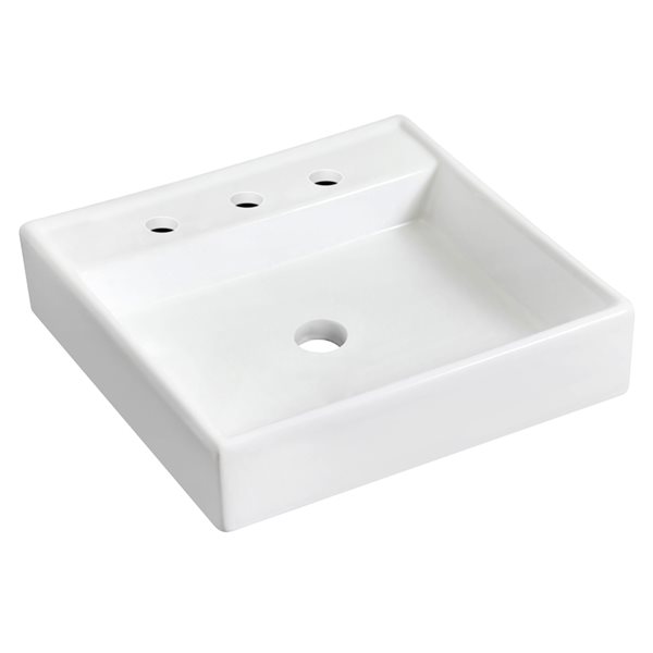 American Imaginations Wall Mount Ceramic White/Enamel Glaze Square Bathroom Sink with Faucet and Drain (17.5-in x 17.5-in)