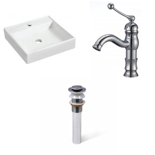 American Imaginations Square Wall Mount White/Enamel Glaze Ceramic Bathroom Sink with Faucet and Drain (17.5-in x 17.5-in)