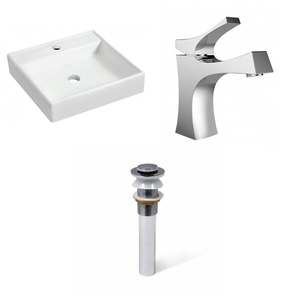 American Imaginations White/Enamel Glaze Ceramic Wall Mount Square Bathroom Sink with Drain and Faucet (17.5-in x 17.5-in)