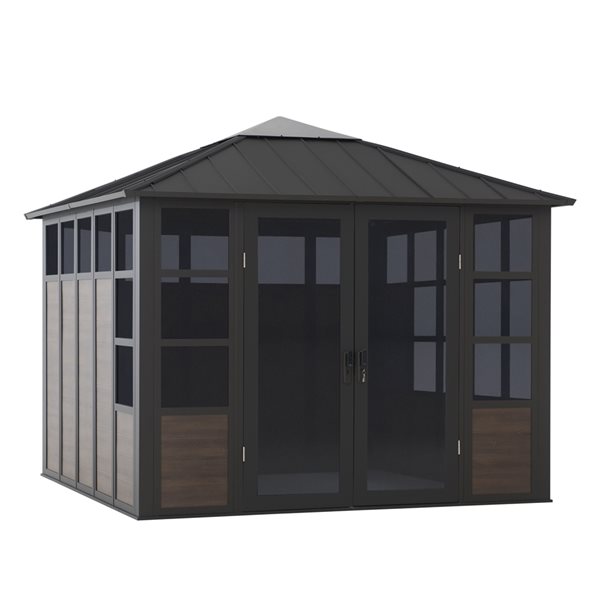 Sunjoy Leanna 11-ft x 11-ft Dark Brown Metal Square Permanent Gazebo with Polycarbonate Roof