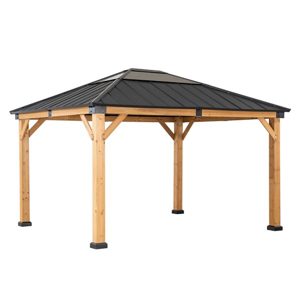 Sunjoy 11-ft x 13-ft Brown Cedar Wood Rectangle Permanent Gazebo with Steel Roof