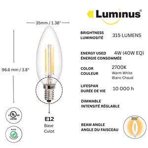 Luminus 40-Watt Equivalent B11 Warm White Dimmable LED Light Bulbs (12-pack)