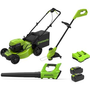 Greenworks 48-Volt Lawn Mower, Trimmer and Leaf Blower Combo Kit (Batteries and Charger Included) - 6-Piece