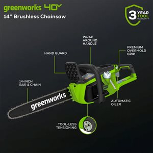 Scie à chaîne électrique sans fil Greenworks de 14 po, 40 volts max au lithium-ion (outil seulement)