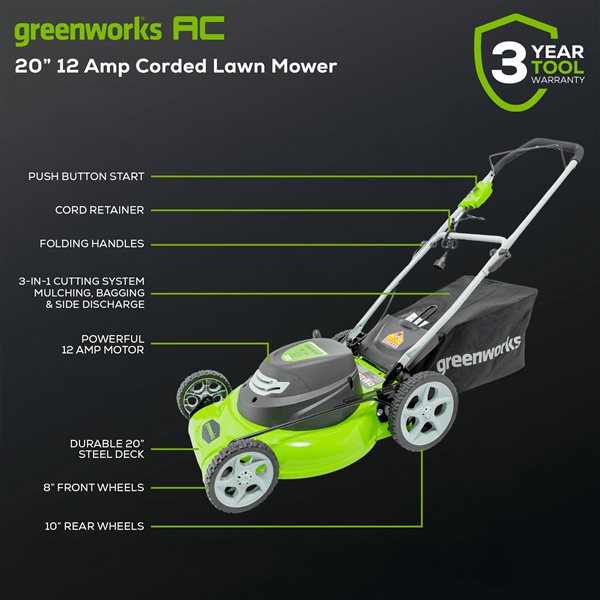 Greenworks Corded Lawn Mower 20-in 12 amp with Bagger and 7