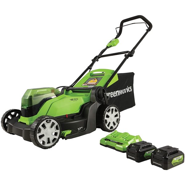 Greenworks 48V 17 Lawn Mower, 2 x 24V 4Ah Batteries and Dual Port Charger Included, MO48B2210, Green