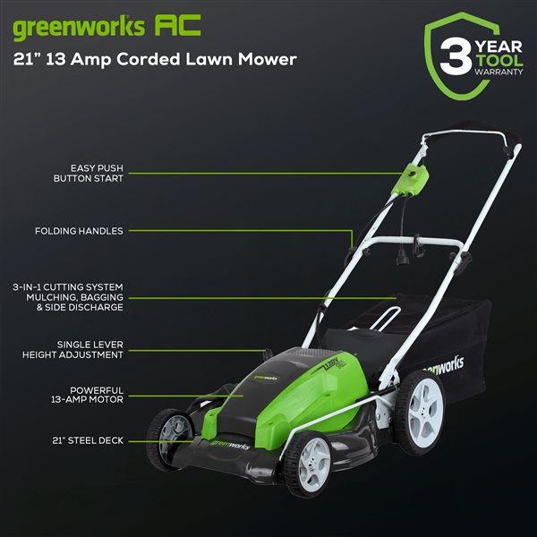 Greenworks Corded Lawn Mower Cut Height 7-Position 7-in Wheels 13 A 21-in
