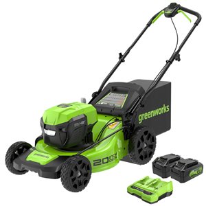Tondeuse à gazon sans fil Greenworks à propulsion sans balais 20 po 48 V  (2 x 24V) lithium-ion batteries et chargeur