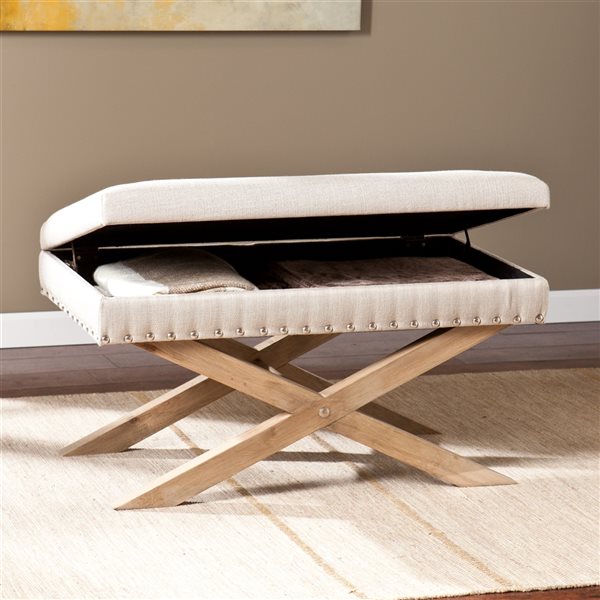 Southern Enterprises Lindley Casual Storage Bench with Natural Ash Wood Frame and Cream Top