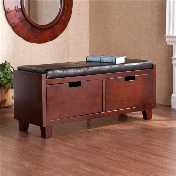 Southern Enterprises Lucia Casual Storage Bench with Espresso Frame and Black Top
