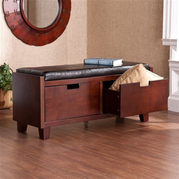 Southern Enterprises Lucia Casual Storage Bench with Espresso Frame and Black Top