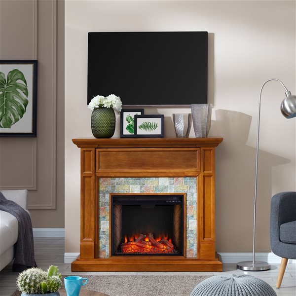 Southern Enterprises Guize 48-in Dark-Sienna Voice-Enabled Electric Fireplace with Media Storage