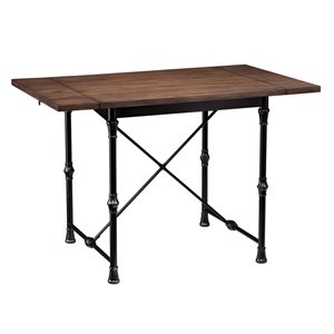 Southern Enterprises Brandly Rectangular Extending Drop Leaf Standard Table with Brown Composite and Rustic Black Metal Base