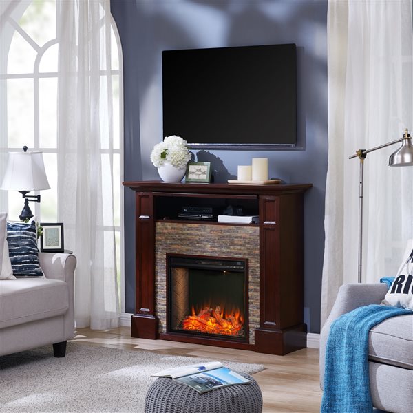 Southern Enterprises Oaknio 48-in Whiskey-Maple Voice-Enabled Electric Fireplace