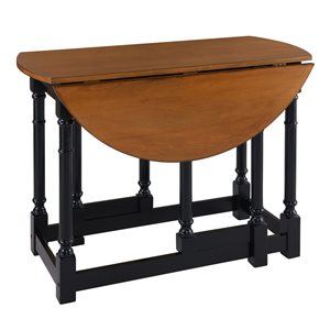 Southern Enterprises Haicy Round Extending Drop Leaf Standard Table with Glazed Pine Composite and Black Wood Base