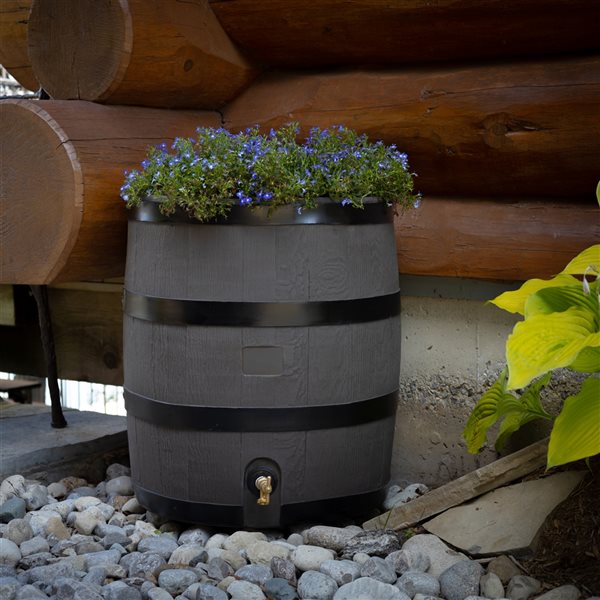 RTS Home Accents 35 USG Round Rain Barrel with Planter - Woodgrain with Black