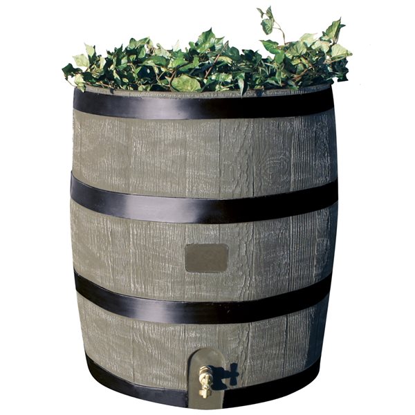 RTS Home Accents 35 USG Round Rain Barrel with Planter - Woodgrain with Black