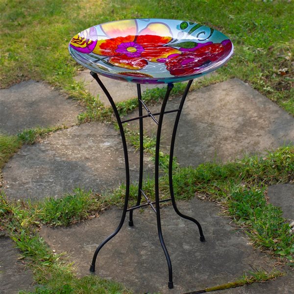 Northlight 25.75-in H Hand Painted Floral Glass Birdbath