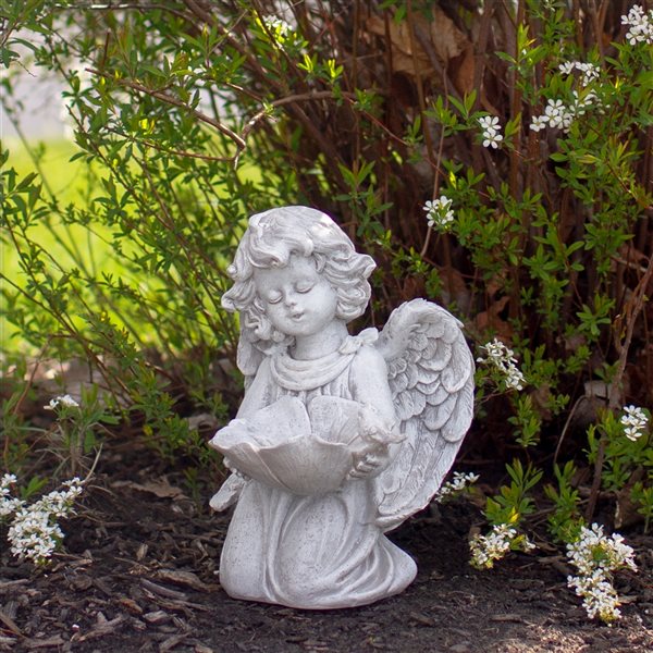 Northlight 9-in Kneeling Angel with Flower Bird Feeder Outdoor Garden Statue