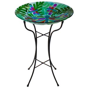 Northlight 25.75-in H Hand Painted Colourful Dragonfly with Green Leaves Glass Birdbath