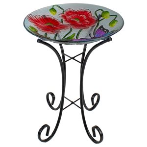 Northlight 21-in H Hand Painted Butterfly and Carnations Glass Birdbath