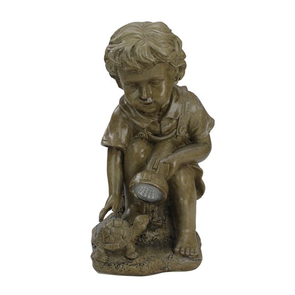 Northlight 12.25-in Solar Powered LED Lighted Boy Examining Turtle with Flashlight Statue