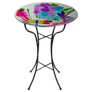 Northlight 25.75-in H Hand Painted Dragonflies and Flowers Glass Birdbath