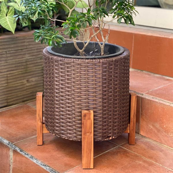 Grapevine 13.4-in W x 12.20-in H Matte Brown Round Resin Wicker Planter