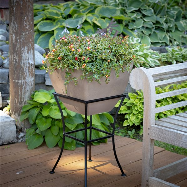 RTS Home Accents 20-in x 30.5-in Oak Brown Plastic Planter with Iron Stand