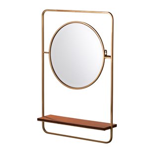 Southern Enterprises Engco 30-in L x 20-in W Round Brown/Brushed Brass Framed Wall Mirror and Shelf