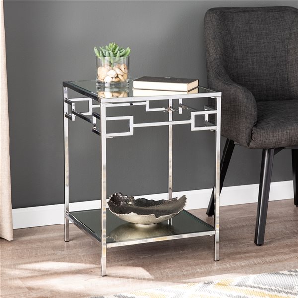 Southern Enterprises Doverlane Chrome Mirror Square End Table