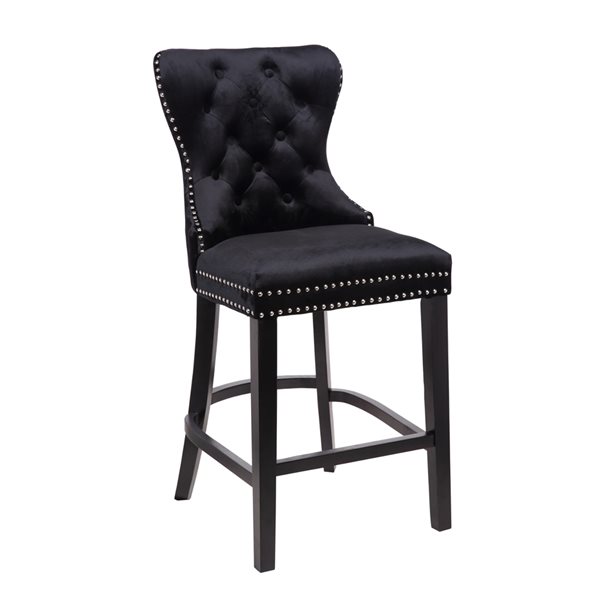 Plata Import Boyel Black Velvet Upholstered Stool with Black Wooden Legs
