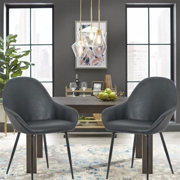 Plata Import Magda Black Leather Upholstered Chair with Metal Legs - Set of 2