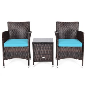 Costway Metal Frame Patio Conversation Set with Blue Cushions Included - 3-Piece
