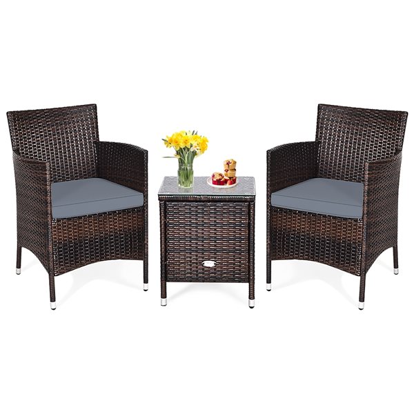 Costway Metal Frame Patio Conversation Set with Grey Cushions Included - 3-Piece