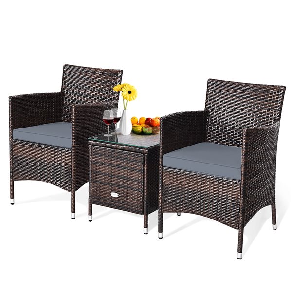 Costway Metal Frame Patio Conversation Set with Grey Cushions Included - 3-Piece