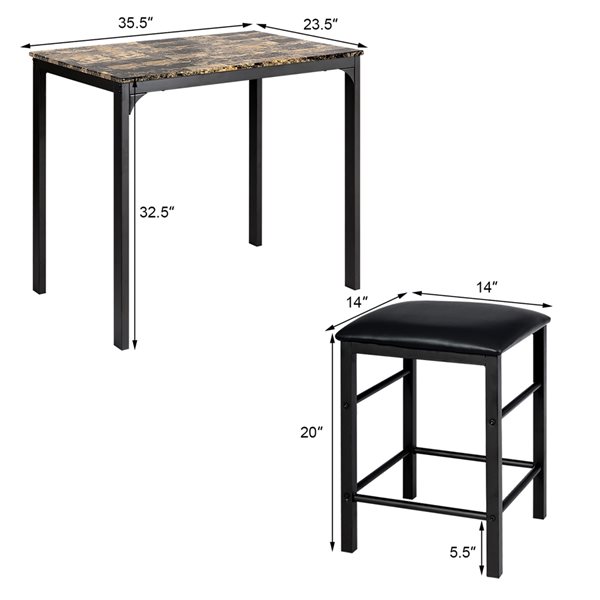 Costway Brown Counter Height Dining Set with Faux Marble Table and 2 Stools
