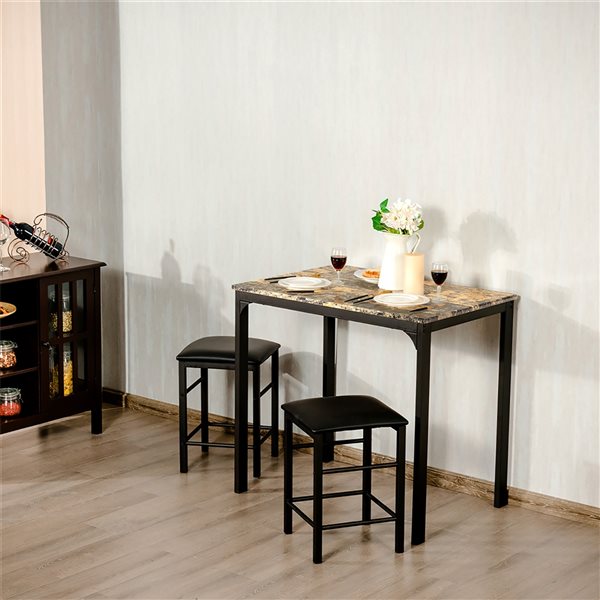Costway Brown Counter Height Dining Set with Faux Marble Table and 2 Stools