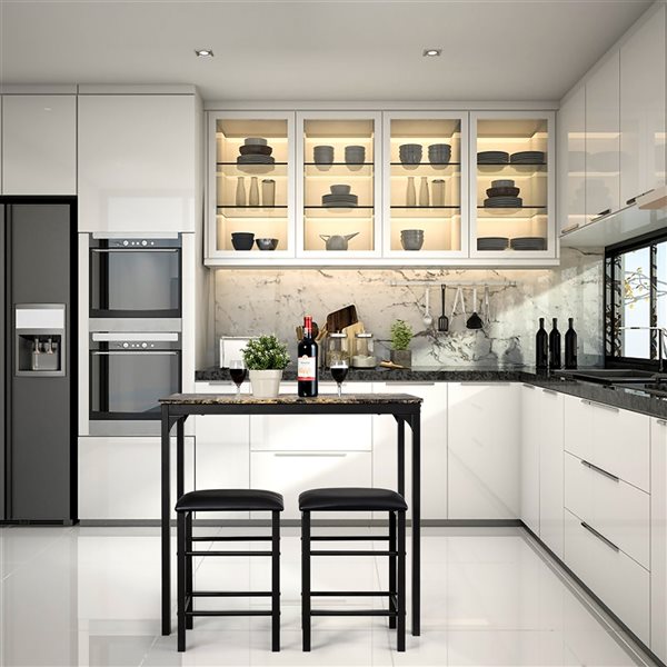 Costway Brown Counter Height Dining Set with Faux Marble Table and 2 Stools