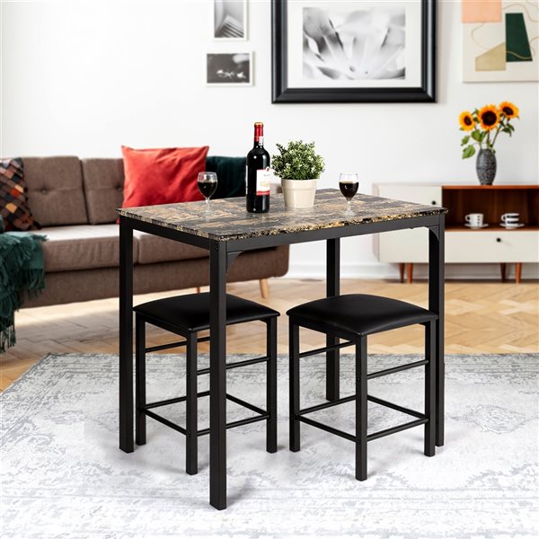 Costway Brown Counter Height Dining Set with Faux Marble Table and 2 Stools