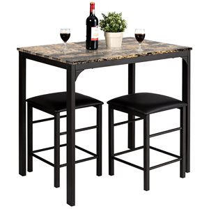 Costway Brown Counter Height Dining Set with Faux Marble Table and 2 Stools