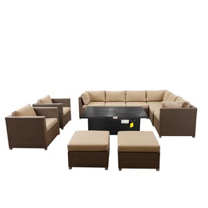Think Patio Chambers Bay 11-Piece Metal Frame Conversation Set with Fire Table and Tan Cushions