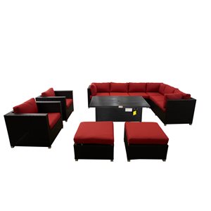 Think Patio Innesbrook 11-Piece Metal Frame Conversation Set with Fire Table and Red Cushions
