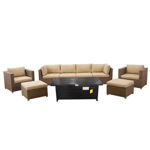 Think Patio Chambers Bay 9-Piece Metal Frame Conversation Set with Fire Table and Beige Cushions
