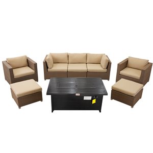 Think Patio Chambers Bay 8-Piece Metal Frame Conversation Set with Fire Table and Beige Cushions