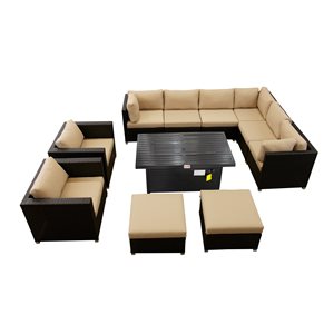 Think Patio Innesbrook 11-Piece Metal Frame Conversation Set with Fire Table and Tan Cushions