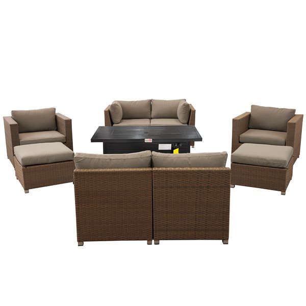Think Patio Chambers Bay 9-Piece Metal Frame Conversation Set with Fire Table and Grey Cushions